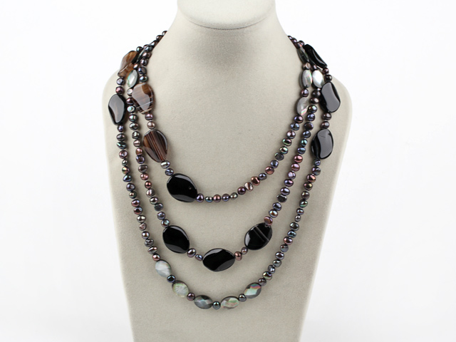 fashion long style black pearl agate and black lip shell necklace