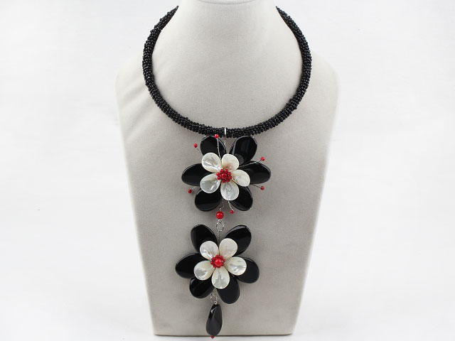 White Lip Shell and Black Agate Flower and Red Coral Choker Necklace