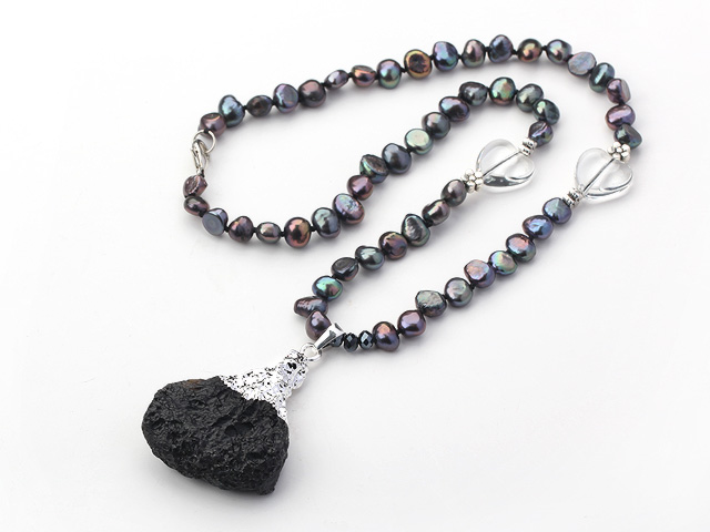 Black Pearl Necklace With Aerolite Pendant and Heart Shape Clear Crystal