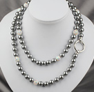 Long Style Round Dark Gray Color Seashell Beaded Necklace with Rhinestone Beads