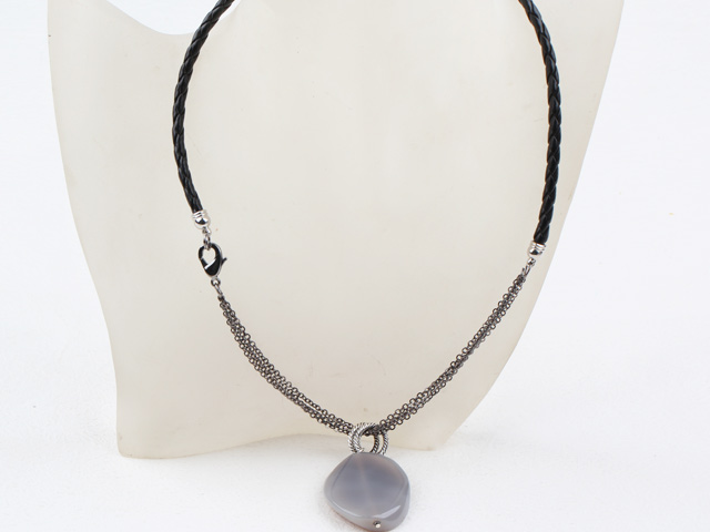 Simple Design Gray Oval Agate Pendant Necklace With Black Leather