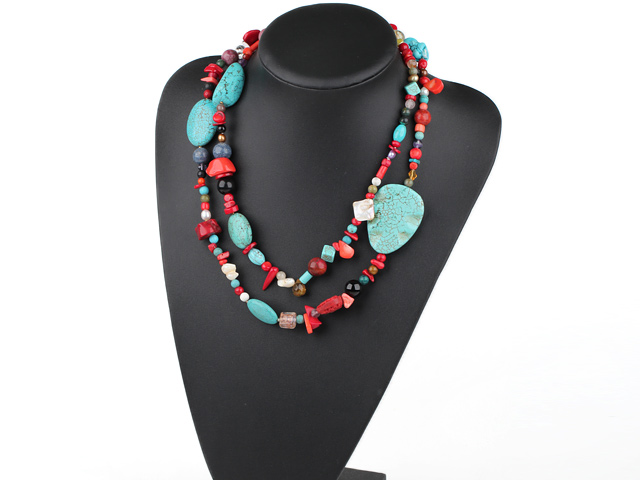 Wonderful Long Style Pearl Turquoise Coral Chipped Stone Necklace, Sweater Necklace
