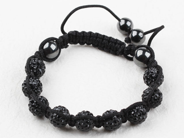 10mm Black Rhinestone Ball Woven Drawstring Bracelet with Adjustable Thread