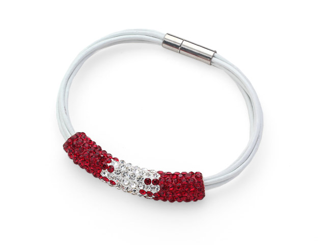 Red and White Tube Shape Rhinestone Bracelet with White Leather and Magnetic Clasp