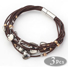 3 Pieces Borwn Leather Bracelets with Metal Beads and Magnetic Clasp