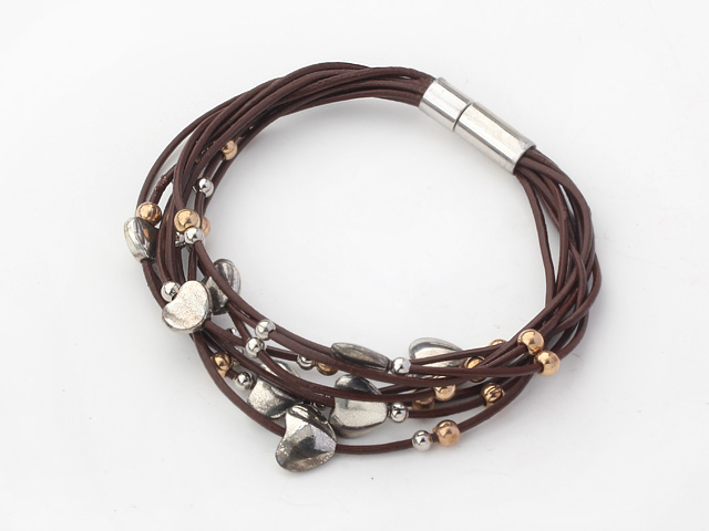 3 Pieces Borwn Leather Bracelets with Metal Beads and Magnetic Clasp