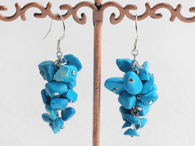 Beautiful Cluster Style Blue Turquoise Chips Loop Dangle Earrings With Fish Hook