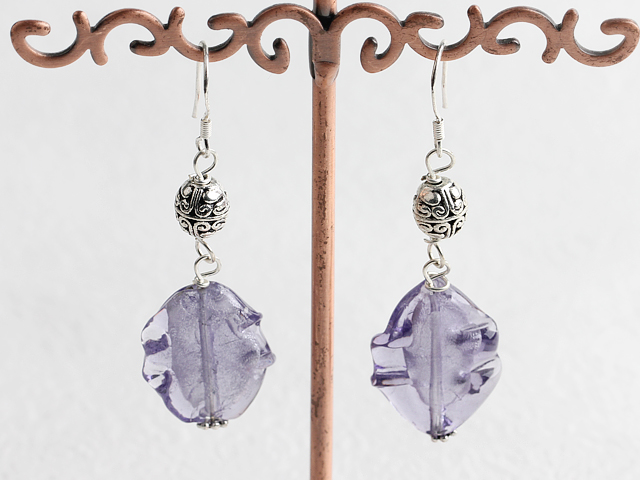 Lovely Purple Colored Glaze And Metal Charm Dangle Earrings With Fish Hook