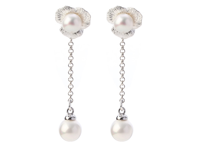 Fashion Long Chain Dangling Style Natural White Freshwater Pearl And White Seashell Beads Studs Earrings