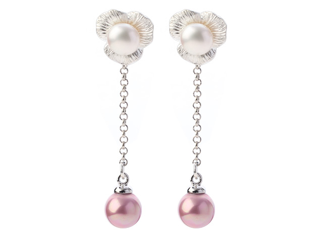 Fashion Long Chain Dangling Style Natural White Freshwater Pearl And Pink Seashell Beads Studs Earrings