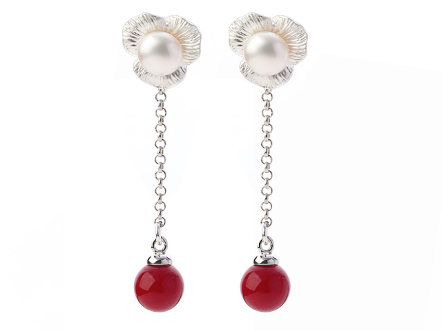 Nice Long Chain Dangling Style Natural White Freshwater Pearl And Round Red Seashell Beads Studs Earrings