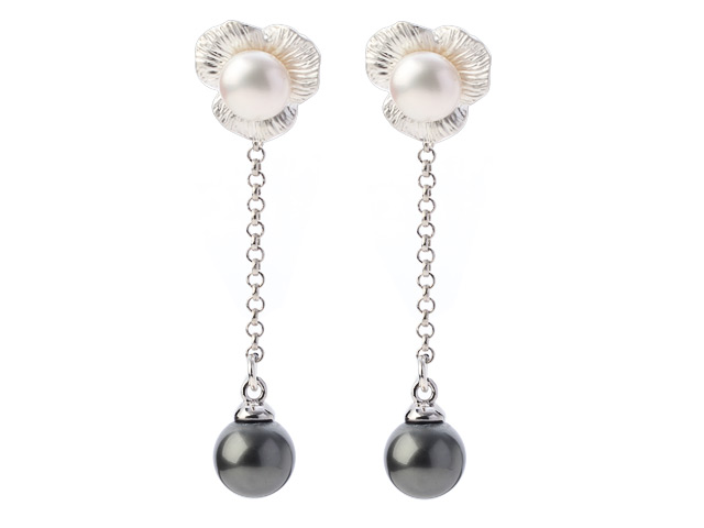 Simple Long Chain Dangling Style Natural White Freshwater Pearl And Round Black Seashell Beads Studs Earrings