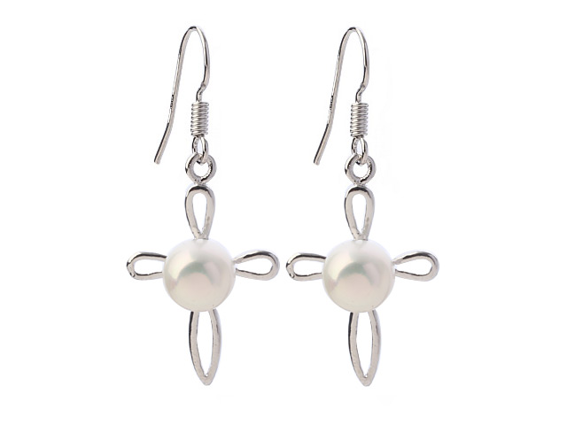 Fashion 6-7mm Natural White Freshwater Pearl With Cross Shape Charm Dangle Earrings