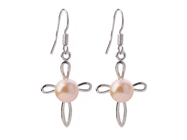 Fashion 6-7mm Natural Pink Freshwater Pearl With Cross Shape Charm Dangle Earrings