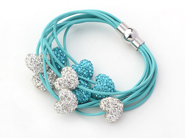 2013 Summer New Design Lake Blue Leather Bracelet with Heart Shape White and Blue Rhinestone