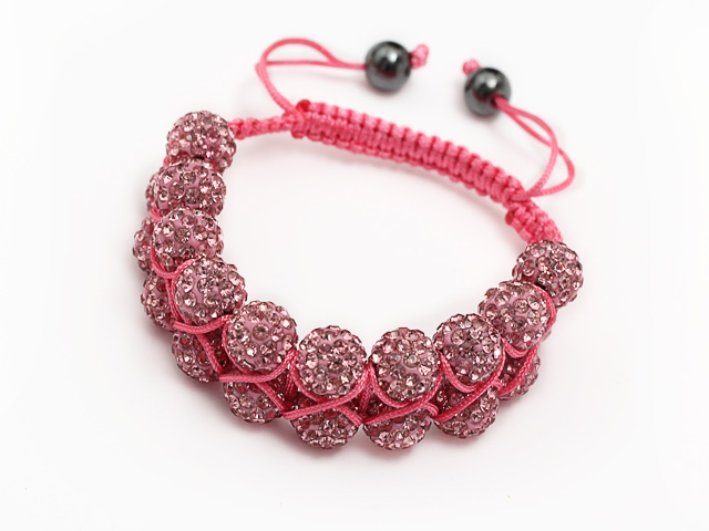 elegant layer style 10mm pink rhinestone woven adjustable pink drawstring bracelet