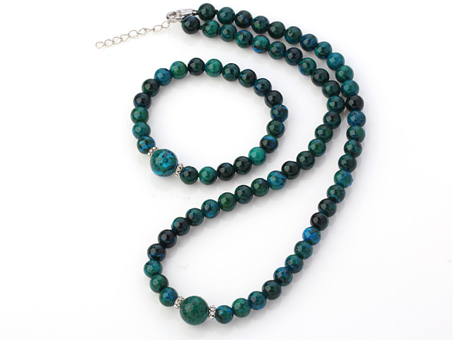 Fashion Natural Round Phoenix Stone Beaded Necklace With Matched Elastic Bracelet Jewelry Set