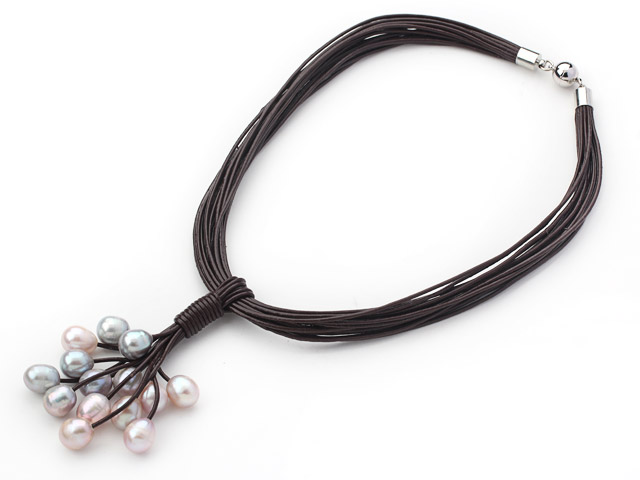 Multi Strands 11-12mm Gray and Violet Freshwater Pearl Leather Necklace with Magnetic Clasp and Black Leather