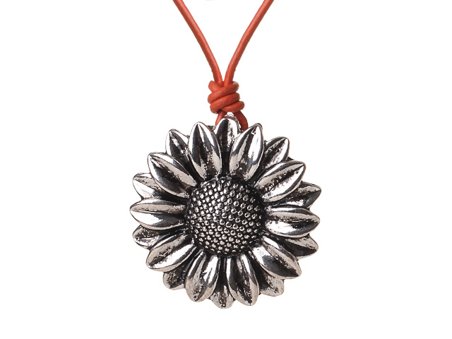 New Arrival Simple Style Tibet Silver Flower Pendant Necklace with Orange Leather