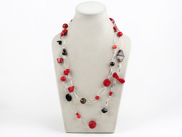 Fashion Long Style Red Coral And Black Agate Loop Charm Necklace, Sweater Necklace 