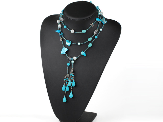 55.1 inches free style shell and turquoise necklace