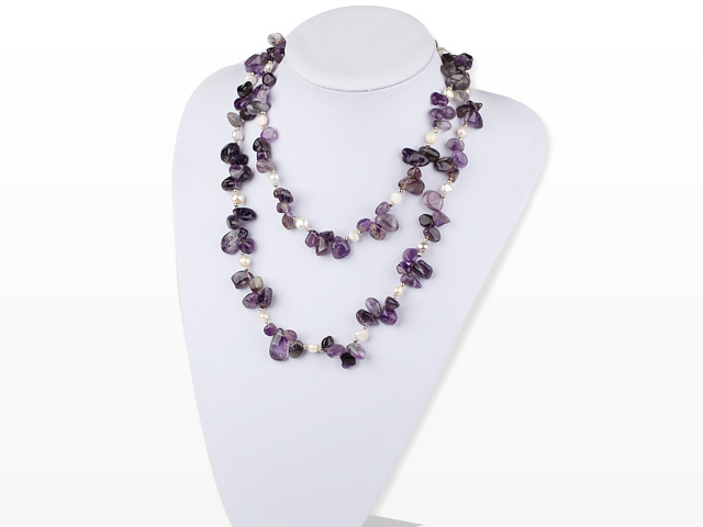 long style 39.4 inesh white pearl and amethyst necklace