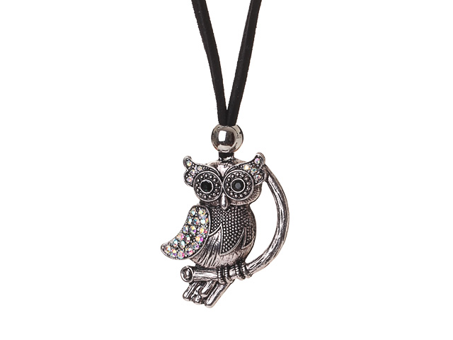 Cool Simple Style Owl Shape Pendant Necklace with Black Soft Leather and Extendable Chain