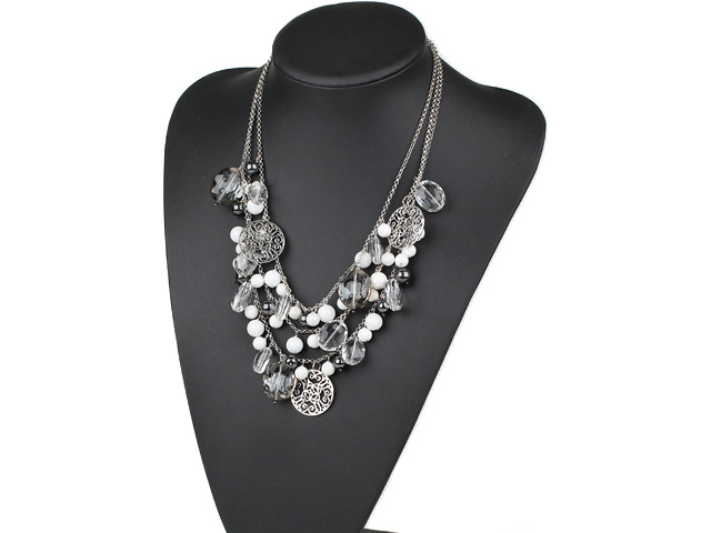 New Design White Series Clear Crystal and Tungsten Steel Stone and White Porcelain Stone Necklace with Metal Chain