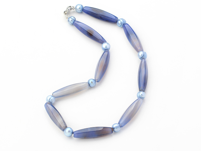 Blue Series Long Barrel Shape Agate and Light Blue Pearl Necklace