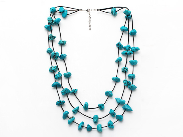 Multi Strands Turquoise Chips Leather Necklace with Black Leather and Extendable Chain