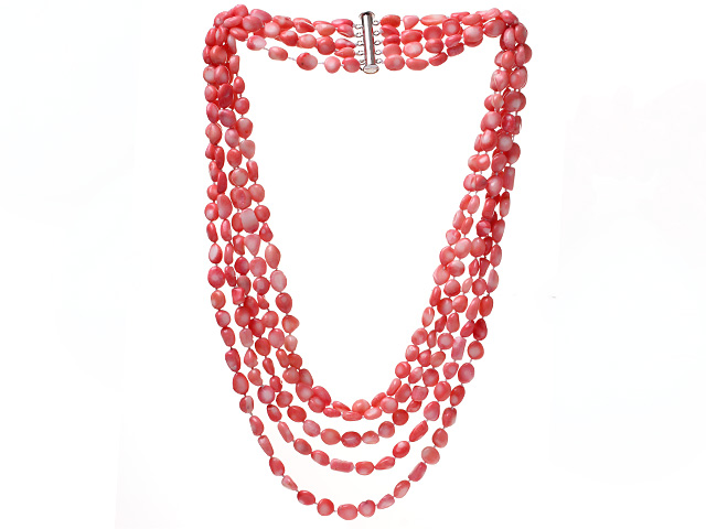 Fashion Multi Strands 8-9mm Irregular Shape Pink Coral Beaded Necklace With Multi-Row Magnetic Clasp