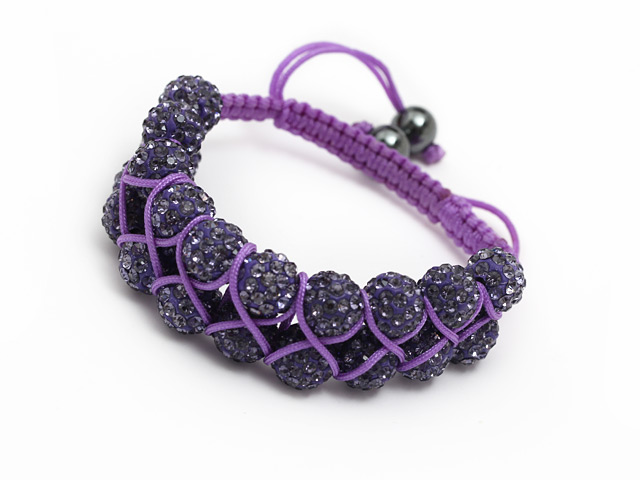 fashion layer style 10mm dark purple rhinestone woven adjustable purple drawstring bracelet