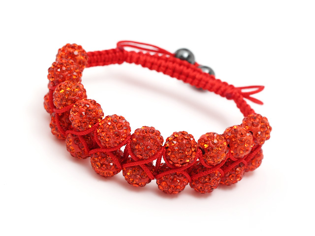 fashion layer style 10mm orange red rhinestone woven adjustable red drawstring bracelet