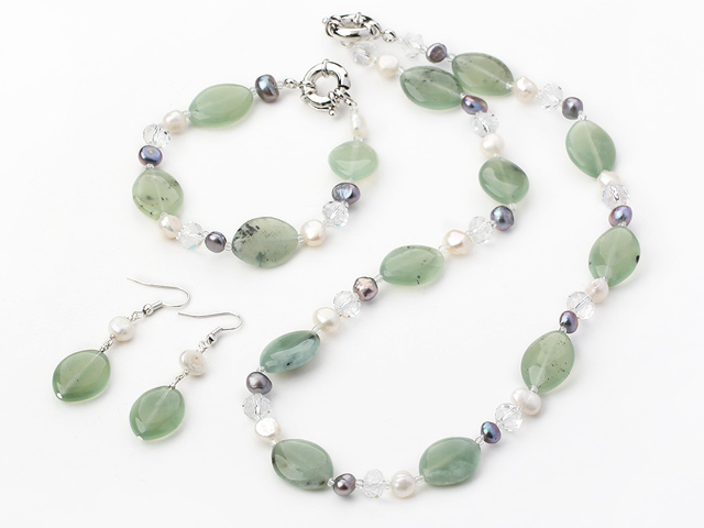 Popular Freshwater Pearl Crystal And Serpentine Jade Sets (Necklace Bracelet With Matched Earrings)