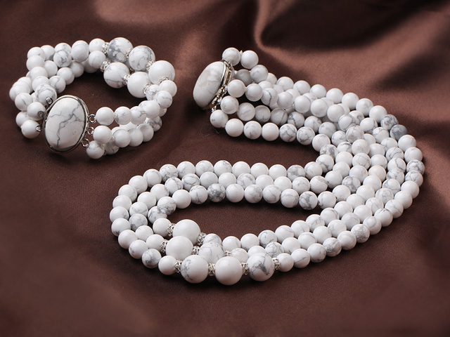 Elegant Design Three Strands Round White Turquoise Beaded Jewelry Set (Necklace with Matched Bracelet)
