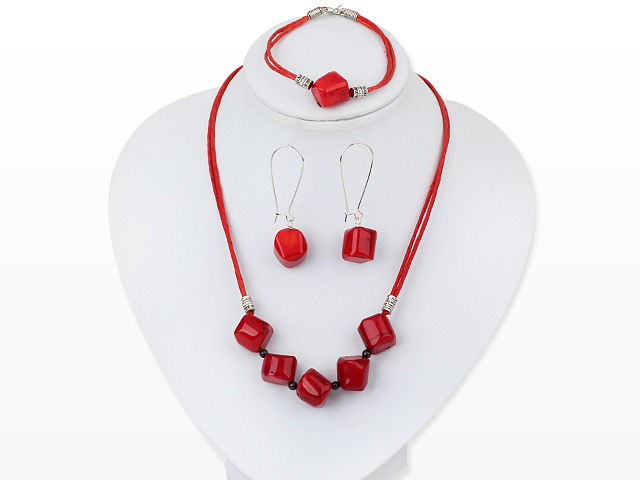 Popular Multi Red Coral Threaded Jewelry Sets (Necklace Bracelet With Matched Earrings)