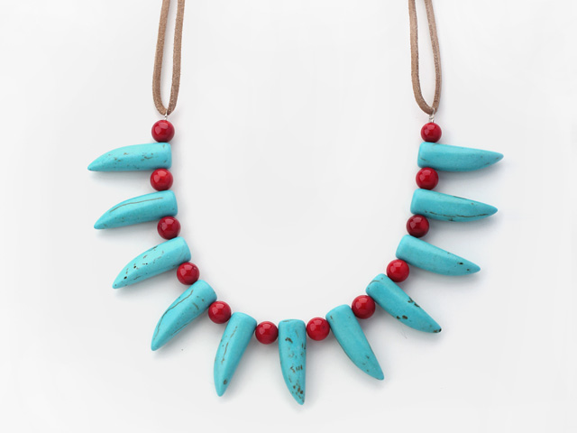 Assorted Teeth Shape Turquoise and Round Red Coral Necklace with Brown Leather