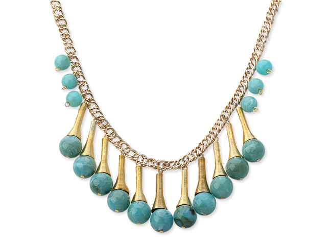 Fashion Style Round Lake Blue Acrylic Tassel Necklece with Golden Color Metal Chain