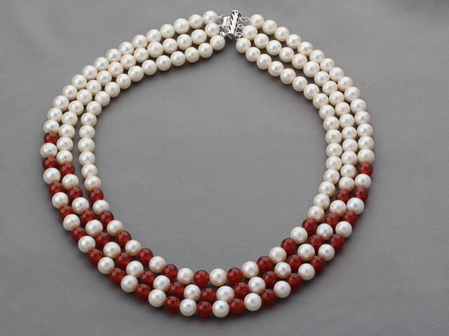 Three Strands A Grade Round White Freshwater Pearl and Carnelian Beaded Necklace