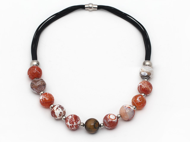 Red Series Round Fire Agate and Tiger Eye Leather Necklace with Magnetic Clasp