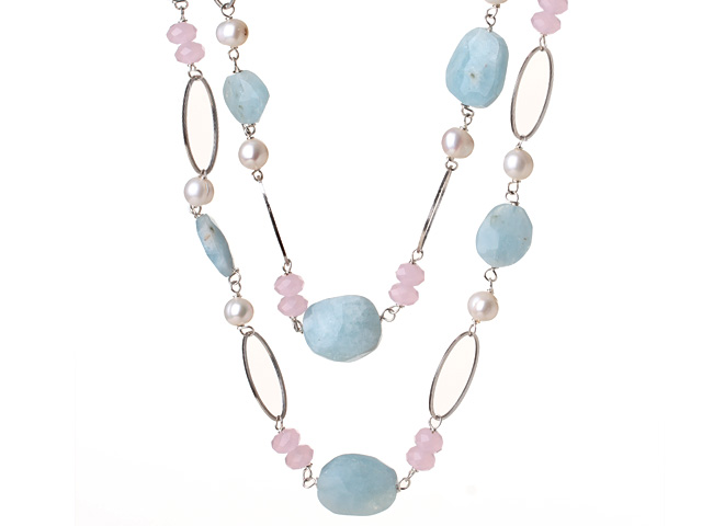 Beautiful Long Style Natural Irregular Aquamarine and White Pearl Pink Crystal Necklace