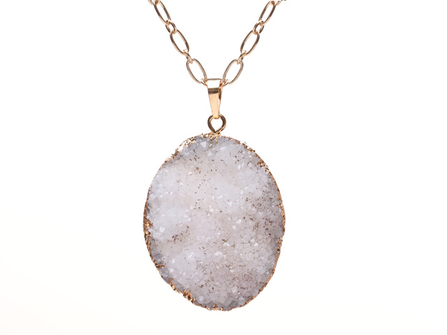 Fashion Golden Wired Wrap Graylish White Crystallized Stone Pendant Necklace With Matched Golden Loop Chain