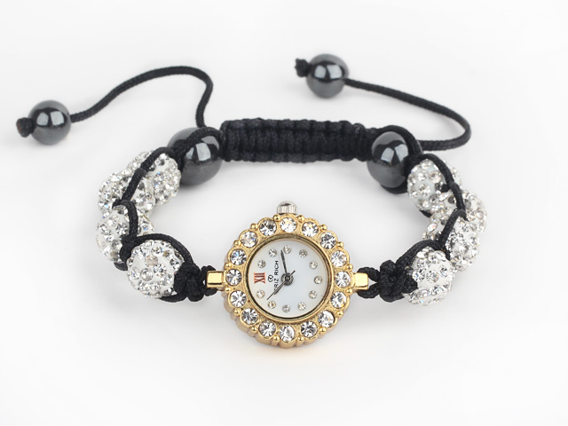 Fashion Style White Rhinestone Ball Adjustable Drawstring Bracelet with Golden Color Watch