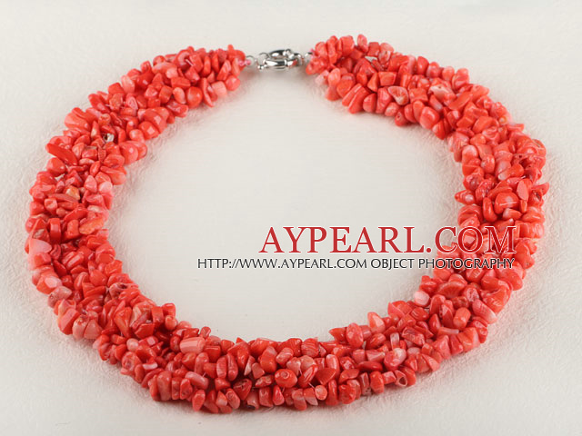 17.7 inches multi strand red coral chips beaded nekclace with moonlight clasp