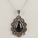 vintage-like engraved alloy jewelry immitation black drop gemstone pendant 