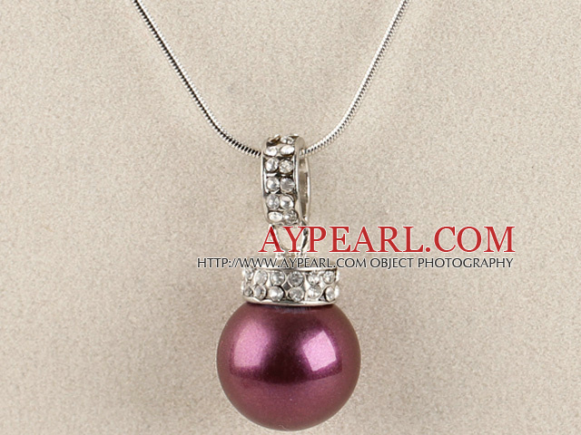 purple 16mm sea shell bead pendant necklace with shinning crystal rhinestone