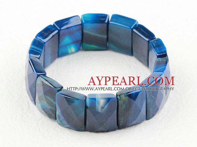 Rectangle Shape Faceted Dark Blue Agate Elastic Bangle Bracelet