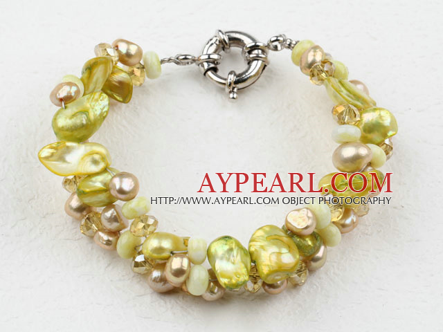 New Design Champagne Crystal and Yellow Green Pearl Bracelet