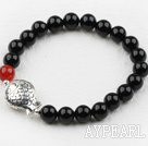 Classic Design 8mm Round Black Agate Beaded Elastic Bangle Bracelet with S990 Sterling Silver Fish Accesories