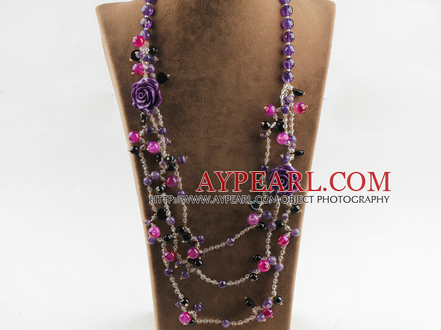 marvelous style amethyst and agate necklace with flower charm